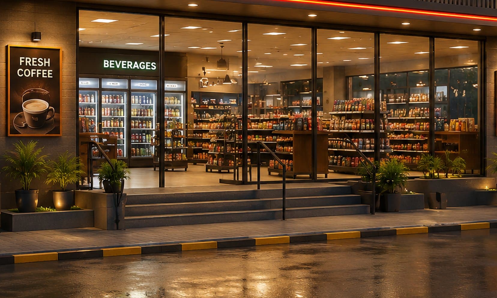 Entrance of a 24Miles highway store with fresh coffee and chilled beverages