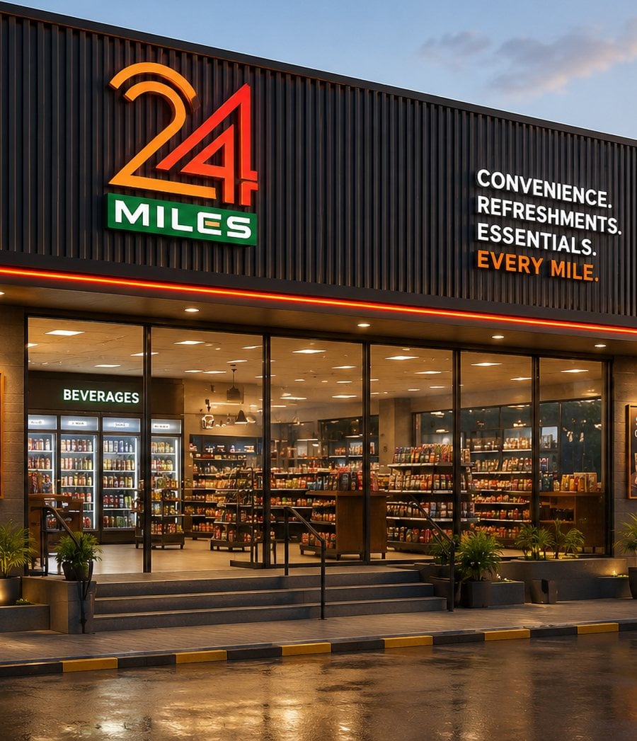 24Miles store front at dusk