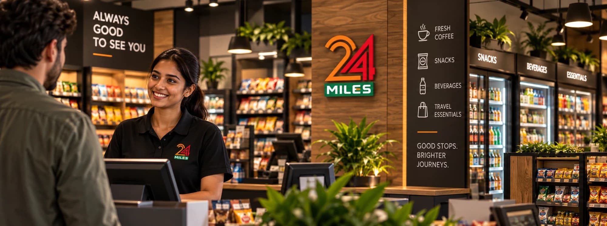 A 24Miles team member welcoming a customer at the store counter