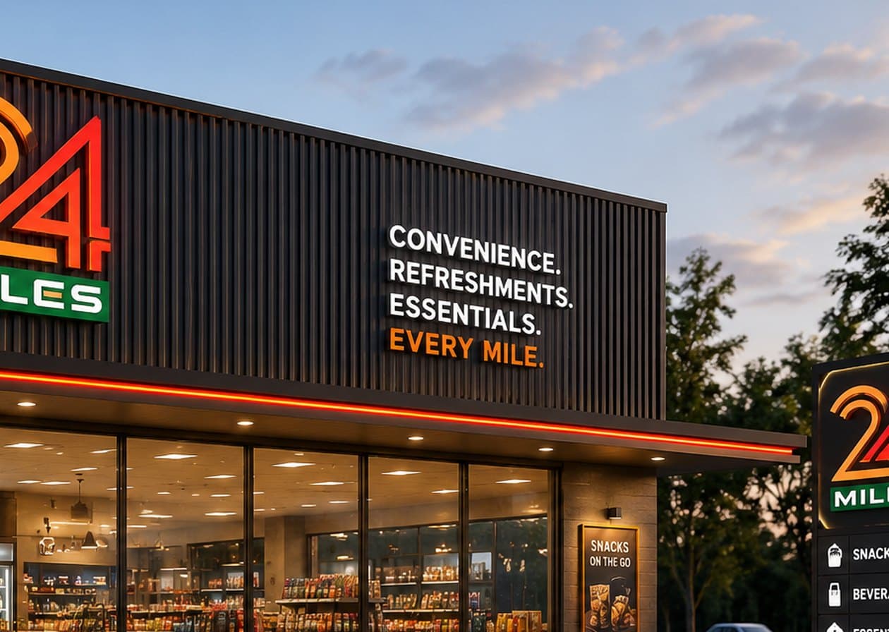 24Miles store front with the Convenience, Refreshments, Essentials, Every Mile sign