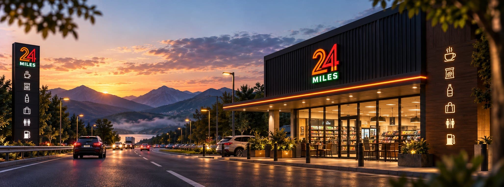 A 24Miles highway store lit up at dusk, with the highway and mountains behind it